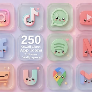 Könnte beinhalten: Eine Sammlung von 250 Kawaii Glass App-Symbolen und 5 Bonus-Hintergrundbildern mit pastellfarbenen Social-Media- und Utility-Logos mit niedlichen Gesichtern, abgerundeten Ecken und einem durchscheinenden Milchglaseffekt auf einem Farbverlauf.