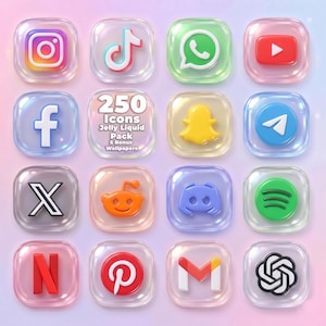 Könnte beinhalten: Eine Sammlung von 250 Social-Media-App-Symbolen mit einer geleeartigen Flüssigkeitsästhetik und abgerundeten quadratischen Rahmen. Die Symbole umfassen Instagram, TikTok, WhatsApp, YouTube, Facebook, Snapchat, Telegram, X, Reddit, Discord, Spotify, Netflix, Pinterest, Gmail und ChatGPT.