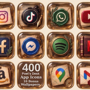 May include: A collection of twelve square app icons featuring a vintage aesthetic with gold frames. The icons display various social media and utility logos integrated with elements like wax seals, old books, parchment paper, and fountain pens.