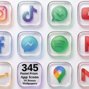 Puede incluir: Una colección de doce iconos de aplicaciones cuadrados con un efecto de vidrio esmerilado translúcido. Los iconos presentan varios logotipos de redes sociales y utilidades en colores vibrantes, incluidos Instagram, TikTok, WhatsApp, YouTube, Facebook, Messenger, Spotify, Netflix, Amazon, Google Maps y Gmail. Un icono muestra el texto 345 Pastel Prism App Icons 10 Bonus Wallpapers.