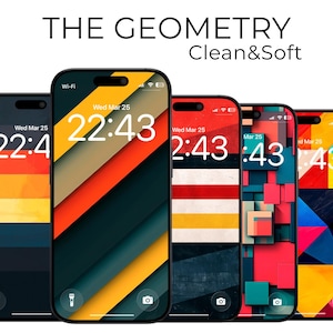 Może przedstawiać: Wyświetlanych jest pięć smartfonów z kolorowymi geometrycznymi wzorami tapet. Ekrany pokazują godzinę i datę, z tekstem "THE GEOMETRY Clean&Soft" u góry. Każdy telefon ma inny abstrakcyjny wzór w odcieniach czerwieni, żółci i niebieskiego.