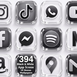 Zwart-wit vloeibaar glas | 394 iconen, 10 achtergronden (digitale download)