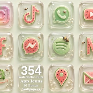 Peut inclure: Une collection de 354 icônes d'applications numériques sur le thème de la pastèque avec des abeilles et des fleurs blanches. Chaque icône est dans un cadre carré transparent et brillant. Le texte 354 Watermelon Buzz App Icons 10 Bonus Wallpapers est visible.
