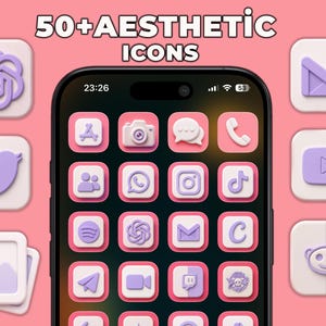 May include: A smartphone screen displaying a grid of app icons in shades of pink and white, surrounded by individual 3D-style app icons in lavender and white. The text 50+ AESTHETIC ICONS is centred at the top against a solid pink background.