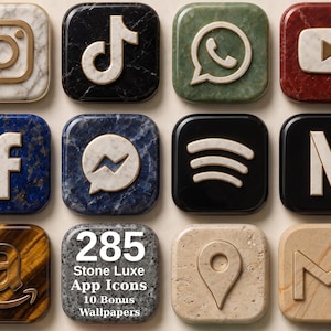 May include: A collection of square app icons featuring various social media and utility logos rendered in stone textures. The icons include marble, granite, and tiger eye patterns with raised gold or white symbols. Text reads 285 Stone Luxe App Icons.