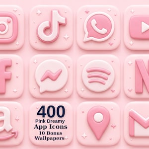 Puede incluir: Una colección de doce iconos de aplicaciones cuadrados en tonos rosa claro con efecto 3D. Los iconos presentan logotipos de redes sociales y utilidades, incluidos Instagram, TikTok, WhatsApp, YouTube, Facebook, Messenger, Spotify, Netflix, Amazon y Gmail.