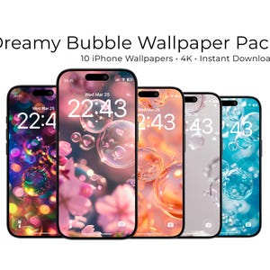 Puede incluir: Cinco smartphones que muestran fondos de pantalla con temas de burbujas. Las pantallas muestran varios diseños, incluyendo bokeh colorido, flores rosas y burbujas abstractas. El texto "Dreamy Bubble Wallpaper Pack" y "10 iPhone Wallpapers" es visible.