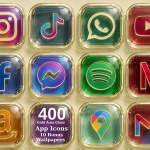 Può includere: Una collezione di dodici icone quadrate per app con bordo metallico dorato e finitura in vetro lucido. Le icone mostrano vari loghi di social media e utilità. Un'icona contiene il testo 400 Gold Aura Glass App Icons 10 Bonus Wallpapers.