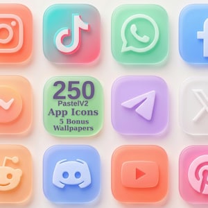Icone per app Pastel Glass V2, tema per la schermata iniziale di iPhone, 250 icone per iOS e Android (download digitale)