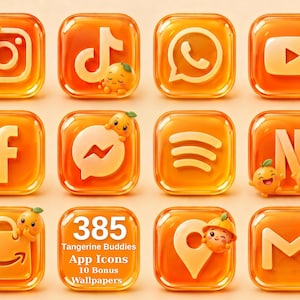May include: A collection of twelve glossy, orange-tinted square app icons featuring social media and utility logos. Each icon is accented with small, smiling cartoon tangerine characters. One central icon displays the text 385 Tangerine Buddies App Icons 10 Bonus Wallpapers.