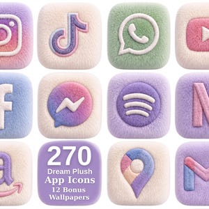 May include: A collection of twelve square app icons with a soft, fuzzy plush texture in pastel shades of pink, purple, blue, and green. The icons feature social media and utility logos, including a central square with the text 270 Dream Plush App Icons.