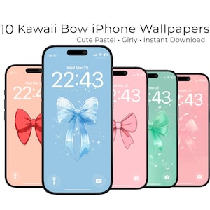 Op de afbeelding: Vijf smartphones met wallpapers met boogthema's in pastelkleuren. De schermen tonen een rood, blauw, roze, groen en roze boogontwerp. Tekst bovenaan luidt "10 Kawaii Bow iPhone Wallpapers" met extra tekst "Cute Pastel • Girly • Instant Download".