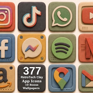 May include: A collection of twelve square app icons with a matte clay texture. The icons feature logos for Instagram, TikTok, WhatsApp, YouTube, Facebook, Messenger, Spotify, Netflix, Amazon, Google Maps, and Gmail, plus a text tile reading 377 RetroTech Clay App Icons 10 Bonus Wallpapers.
