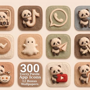 May include: A set of twelve square app icons featuring 3D-style pandas interacting with various social media logos in neutral earth tones. One square contains the text 300 Cozzy Panda App Icons 12 Bonus Wallpapers. The icons have a textured, felt-like appearance.