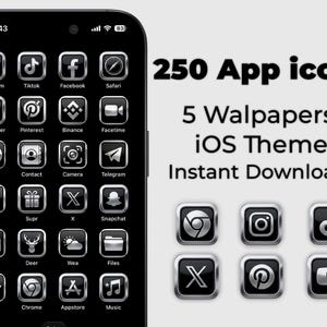 Puede incluir: Una pantalla negra de smartphone muestra un tema iOS personalizado con 250 iconos de aplicaciones y 5 fondos de pantalla. Los iconos tienen marco plateado sobre fondo negro, con apps como Instagram, TikTok y Facebook. Texto: "250 iconos de aplicaciones, 5 Fondos de pantalla, Tema iOS, Descarga instantánea."