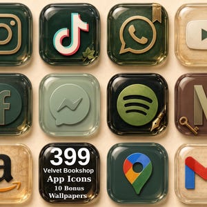 May include: A collection of twelve square app icons featuring social media and utility logos with a dark green, brown, and cream color palette. One icon displays the text 399 Velvet Bookshop App Icons 10 Bonus Wallpapers. The icons have a glossy, glass-like finish with various decorative elements like keys, pens, and leaves.