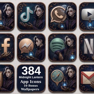 Midnight Lantern Gothic-appikoner, iPhone-hemskärmstema, 384 iOS- och Android-ikoner (digital nedladdning)