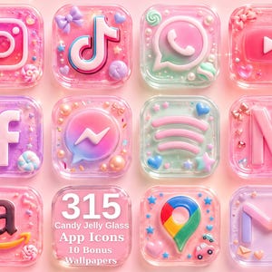 Puede incluir: Una colección de doce iconos de aplicaciones cuadrados con un acabado brillante tipo gelatina en tonos pastel rosa, morado y azul. Los iconos muestran logotipos de redes sociales decorados con pequeños lazos, estrellas, perlas y detalles de caramelo.