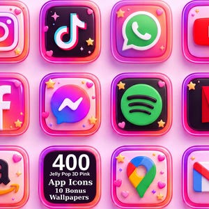 May include: A collection of twelve 3D app icons featuring a pink jelly-like aesthetic with stars and hearts. The icons represent various social media and utility platforms, including one square icon with the text 400 Jelly Pop 3D Pink App Icons 10 Bonus Wallpapers.