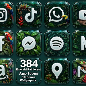 May include: A collection of 384 app icons and 10 bonus wallpapers featuring a dark emerald rainforest theme. Each square icon displays a white social media or utility logo surrounded by lush green tropical foliage, exotic animals, and vibrant flowers.
