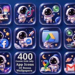 Può includere: Una collezione di dodici icone quadrate per app con astronauti 3D in ambientazioni spaziali e vari loghi di social media. L'icona centrale mostra il testo 400 Cosmic Orbit Jelly App Icons 10 Bonus Wallpapers in carattere bianco.