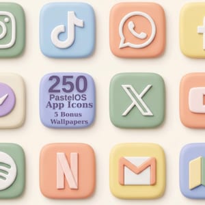 May include: A collection of twelve square app icons with rounded corners in pastel colours. The icons feature white raised symbols for various social media and utility platforms. One central icon displays the text 250 PastelOS App Icons 5 Bonus Wallpapers.