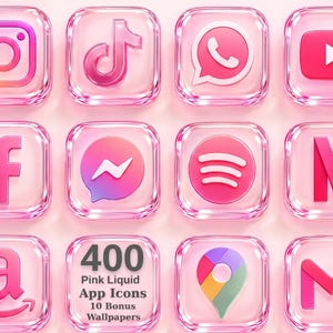 May include: A collection of twelve square app icons featuring a glossy pink liquid aesthetic. The icons display various social media and utility logos, including Instagram, TikTok, WhatsApp, YouTube, Facebook, Messenger, Spotify, Netflix, Amazon, Maps, and Gmail.