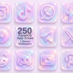 May include: A collection of square app icons featuring a glossy, iridescent pastel finish with a holographic effect. The icons display various social media logos and symbols, including text that reads 250 PastelOS App Icons 5 Bonus Wallpapers.