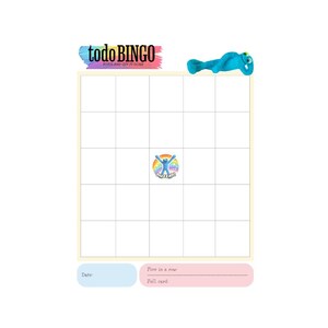 Può includere: Un tabellone di gioco todo BINGO con un logo colorato e una figura blu in alto. Il tabellone ha una griglia di quadrati, con un logo "buzzah!" al centro. La parte inferiore ha spazi per "Data" e "Five in a row".