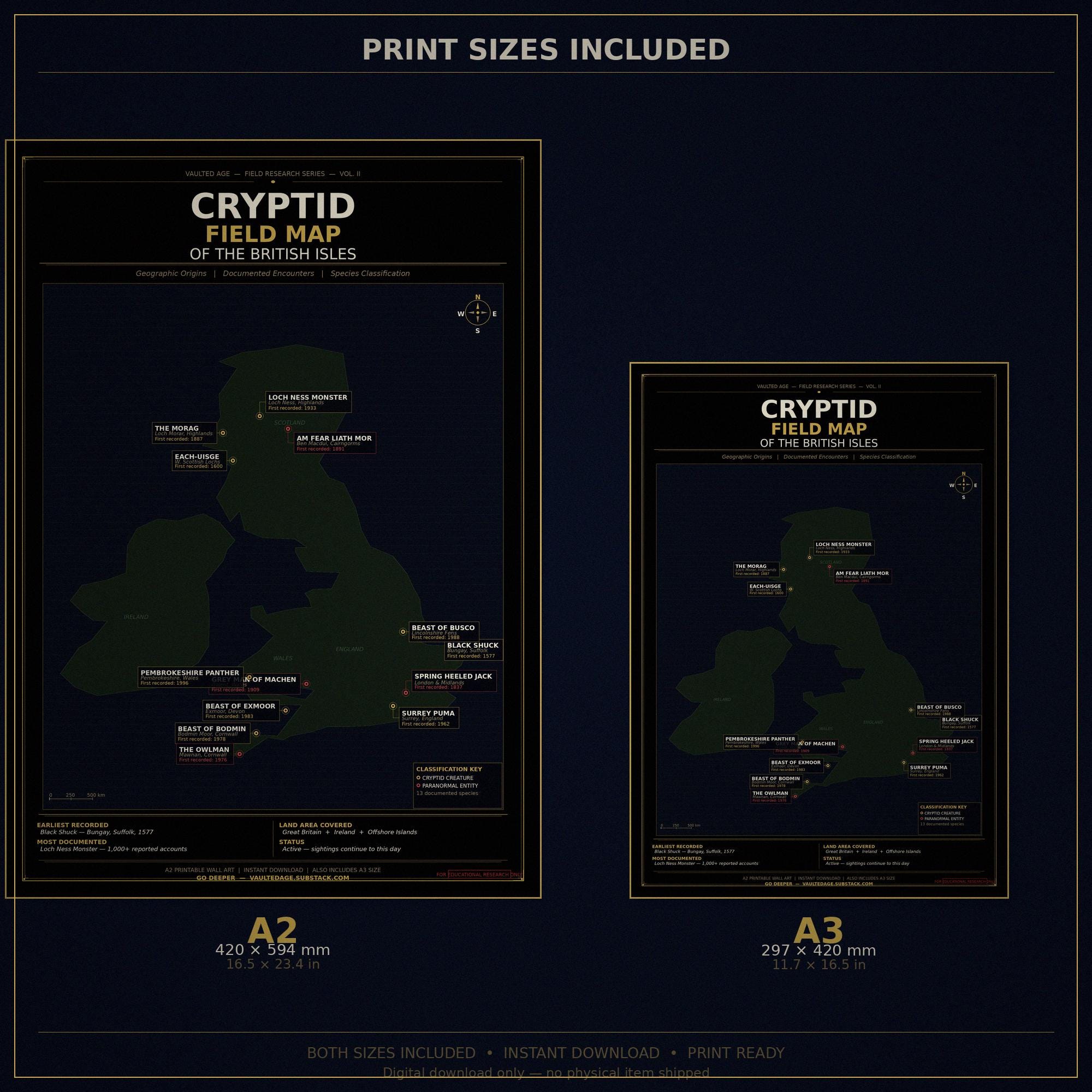 Cryptid Field Map British Isles • Paranormal Creature Locations (A2 A3 ...
