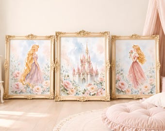 Pode incluir: Três impressões de arte de parede emolduradas com uma figura loira de cabelos longos em um vestido rosa, um castelo central cercado por flores rosas e uma figura loira segurando uma rosa, em molduras douradas ornamentadas sobre fundo claro.