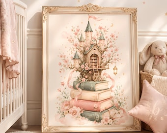 May include: A framed wall art print featuring a whimsical castle built into a tree, which is perched atop a stack of four vintage-style books. The illustration is rendered in soft pastel pinks, greens, and creams, accented with cherry blossoms.