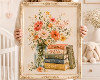 May include: A framed wall art print featuring a watercolour-style illustration of a bouquet of pink, orange, and yellow flowers in a clear glass mason jar, positioned next to a stack of five vintage-style books with floral spine details.