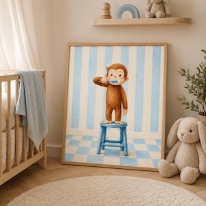 Vintage Cartoon Monkey Brushing Teeth Nursery Wall Art, Kids Room Decor, Funny Bathroom Print, Nostalgic Character Artwork
