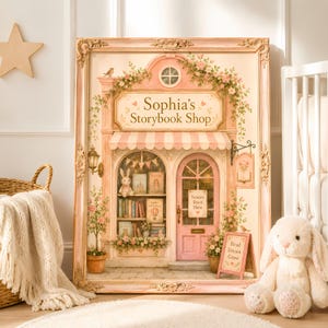 May include: A framed wall art print depicting a storefront titled Sophia's Storybook Shop. The illustration features a pink and cream color palette, a striped awning, a display window with books and a rabbit plush, and a sign reading Stories Start Here.