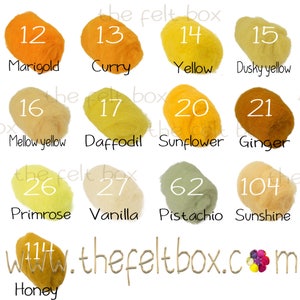 May include: A chart of 11 different shades of yellow wool roving, labeled with numbers and names like Marigold, Curry, Yellow, Dusky Yellow, Mellow Yellow, Daffodil, Sunflower, Ginger, Primrose, Vanilla, Pistachio, Sunshine, and Honey. The chart is on a white background.