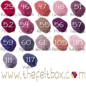 May include: A color chart featuring 15 different shades of wool roving. Colors include raspberry, shocking pink, blush, candyfloss, amethyst, magenta, orchid, ash rose, purple, French lavender, royal purple, hyacinth, wild orchid, blossom, baby pink, lilac, and violet. The website address is also visible.