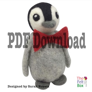 May include: A PDF download pattern for a felt penguin wearing a red bow tie. The pattern is designed by Sarah Brown and is available from The Felt Box.