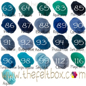 May include: A chart of 12 felt squares, each a different shade of blue or green, with a number and name for each colour. The colours are arranged in rows of five, with the last row having only four squares. The colours are: Peacock, Turquoise, Teal, Aquamarine, Midnight blue, Indigo, Navy, Bluebell, Royal blue, Cornflower, Bleu de France, Baby blue, Azure, Prussian blue, Dark peacock, Turquoise blue, Bright turquoise, Sky blue, Cloud, Magic mint, and Aqua.