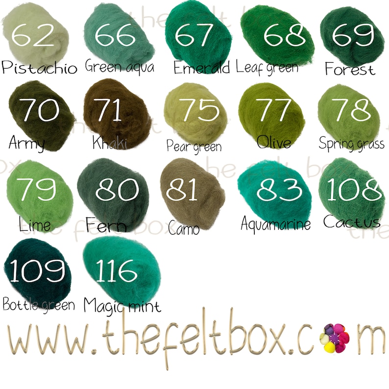 May include: A collection of 14 felt balls in various shades of green, numbered 62, 66, 67, 68, 69, 70, 71, 75, 77, 78, 79, 80, 81, 83, and 108. Each ball has a corresponding name, such as Pistachio, Green aqua, Emerald Leaf green, Forest, Army, Khaki, Pear green, Olive, Spring grass, Lime, Fern, Camo, Aquamarine, Cactus, Bottle green, and Magic mint. The felt balls are arranged in rows and columns on a white background. The text "www.thefeltbox.com" is displayed at the bottom of the image.