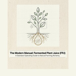 Puede incluir: Una guía ilustrada titulada "The Modern Manual: Fermented Plant Juice (FPJ)". La imagen presenta un dibujo estilizado de una planta con raíces, un tallo y hojas, sobre un fondo de cuadrícula. El texto debajo dice "A Standard Operating Guide to Natural Farming Alchemy."