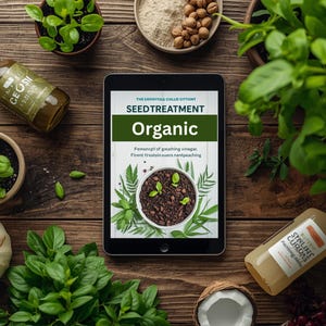 May include: A wooden table displays a tablet with the word "Organic" on the screen, surrounded by small potted plants, bottles of juice, and bowls of seeds and nuts. The scene suggests a focus on natural products.