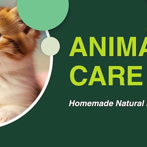 May include: A graphic design featuring a ginger and white kitten inside a circular frame on a dark green background. The text reads ANIMAL CARE and Homemade Natural Medicine in lime green and white. Fresh green mint leaves decorate the corners.