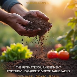 Op de afbeelding: Donkerbruine vermicompost in de handpalmen, met de tekst FARMING GOLD VERMICOMPOST, THE ULTIMATE SOIL AMENDMENT FOR THRIVING GARDENS & PROFITABLE FARMS, SUSTAINABLE ORGANIC PREMIUM, en DOWNLOAD NOW met een pijlsymbool.