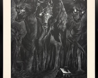 Ilustración original de lobo de fantasía oscura, arte mural de bosque místico, dibujo a mano en blanco y negro.
