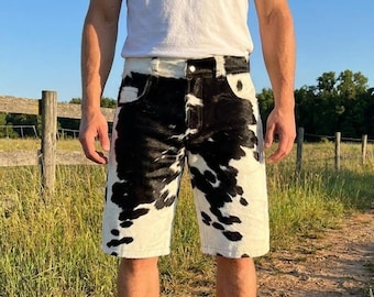 Pantalones cortos con estampado de vaca, estilo western, ropa urbana para hombre, moda rodeo, festival, atuendo de verano, pantalones cortos hechos a mano
