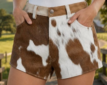 Cowhide Mini Shorts Western Rodeo Rustic Festival Hair on Leather Summer Streetwear Handmade Shorts