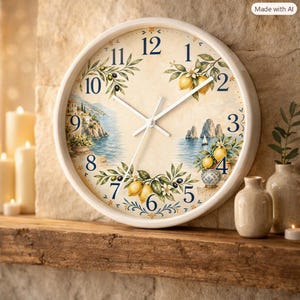 May include: A round wall clock with a white frame and a cream-colored face featuring dark blue numerals. The design includes illustrations of lemons, olive branches, and a coastal Mediterranean landscape with cliffs, sea, and a small sailboat.