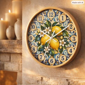 Amalfi Citron Medelhavstryckt Keramik Mosaik Tryckt Platt Väggklocka, Citron Kakel Väggklocka | Citrus Blommig Köksdekor