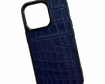 Funda para iPhone de piel de cocodrilo azul marino, funda de piel italiana para iPhone 16 15 14 13 Pro Max, regalo de lujo a prueba de golpes, funda personalizada